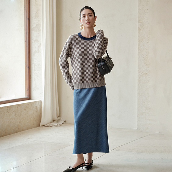 Maglione pullover da donna girocollo in maglia a quadri