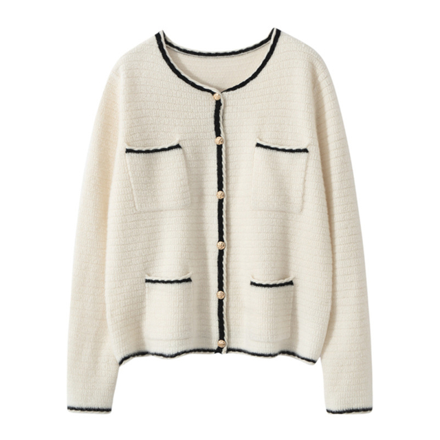 Kaschmir-Cardigan-Pullover mit Kontrastbesatz vorne und Kn&ouml;pfen f&uuml;r Damen