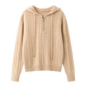 Wanita terbaik imfield cashmere blend sweater hoodies cable mengait kabel 