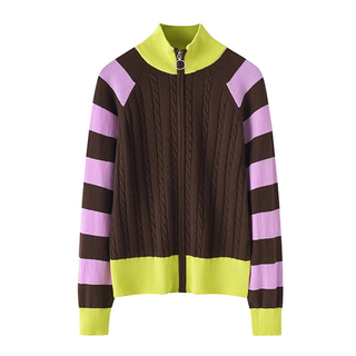 Cardigan Zip Kasmir Blok Warna Wanita – Sweater Mewah Berkait Lembut