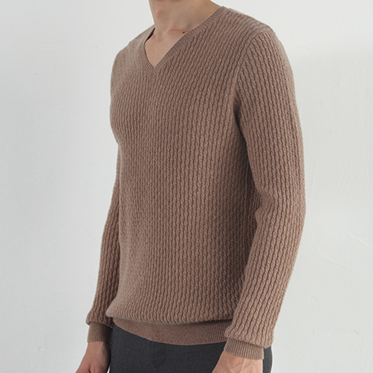 Men Cable Knitted V Neck Cashmere Sweater