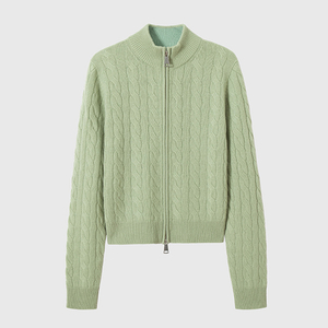 Cardigan de damă din cașmir tricot cablu verde deschis cu fermoar design clasic