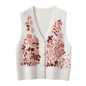 Kasmir Sulaman Bunga Wanita Dikait v leher Sweater Vest cardigan