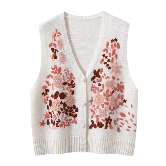 Frauen Blumenstickerei Kaschmir gestrickt V Hals -Pullover Weste Strickjacke