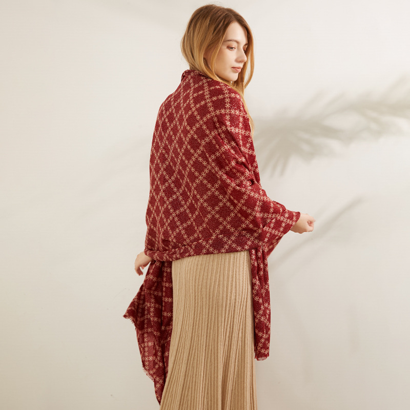 ผ้าพันคอขนสัตว์ลายสก๊อตขนาดใหญ่ของผู้หญิง Shawls พันด้วยด้ายสีเงิน