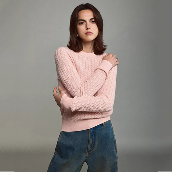 Maglione pullover di lusso lavorato a maglia a trecce, girocollo, da donna, in 100% cashmere