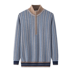 เสื้อสเวตเตอร์แคชเมียร์ถัก Jacquard ซิปครึ่งผู้ชาย - เสื้อสวมหัวซิปคออบอุ่นนุ่มหรูหรา