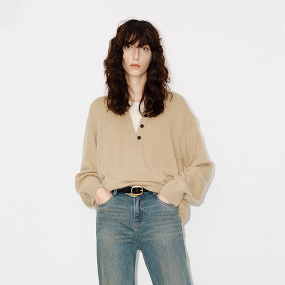 Kaschmir-Strick-Henley-Pullover f&uuml;r Damen, weicher, luxuri&ouml;ser Pullover mit V-Ausschnitt