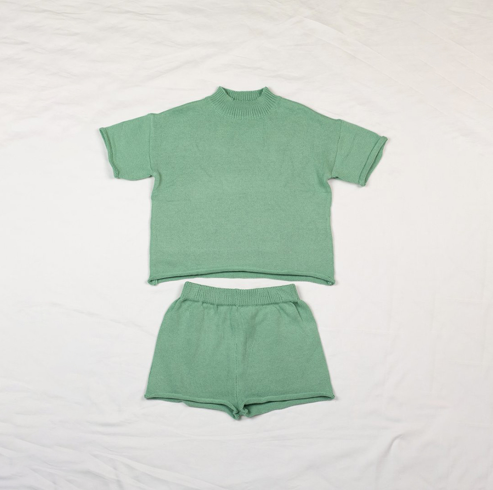 Custom Latest Spring Baby Two Piece Knit Set Summer Striped Unisex 100% Cotton Knit Shorts Set Baby